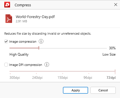 PDF Extra: the PDF compression settings panel